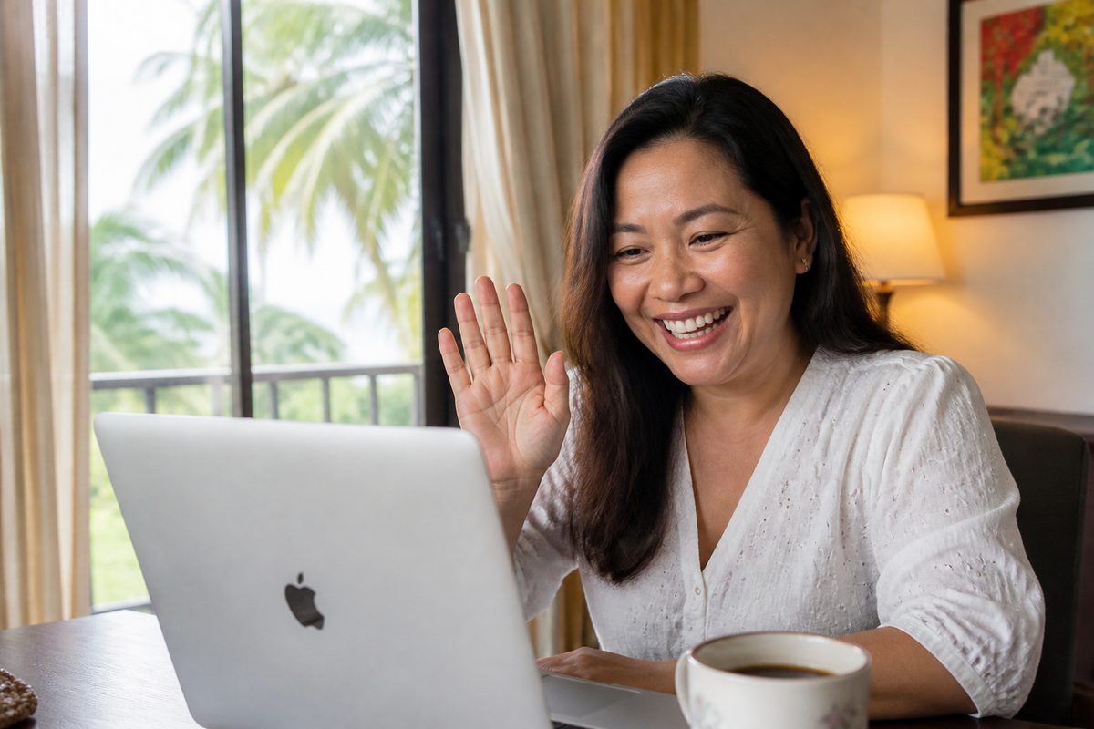 A smiling Filipina waving hello on a video call, palm trees outside her window