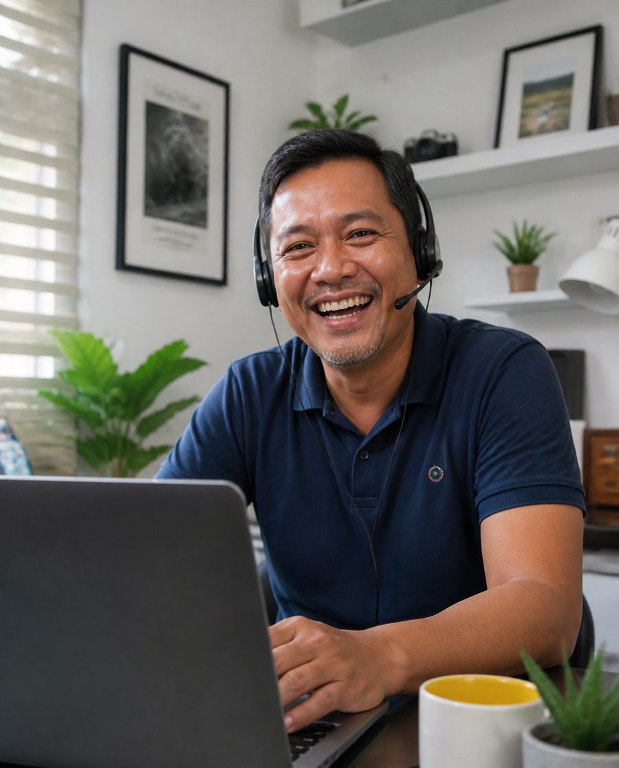 A cheerful Filipino professional with a headset, laughing during a work call