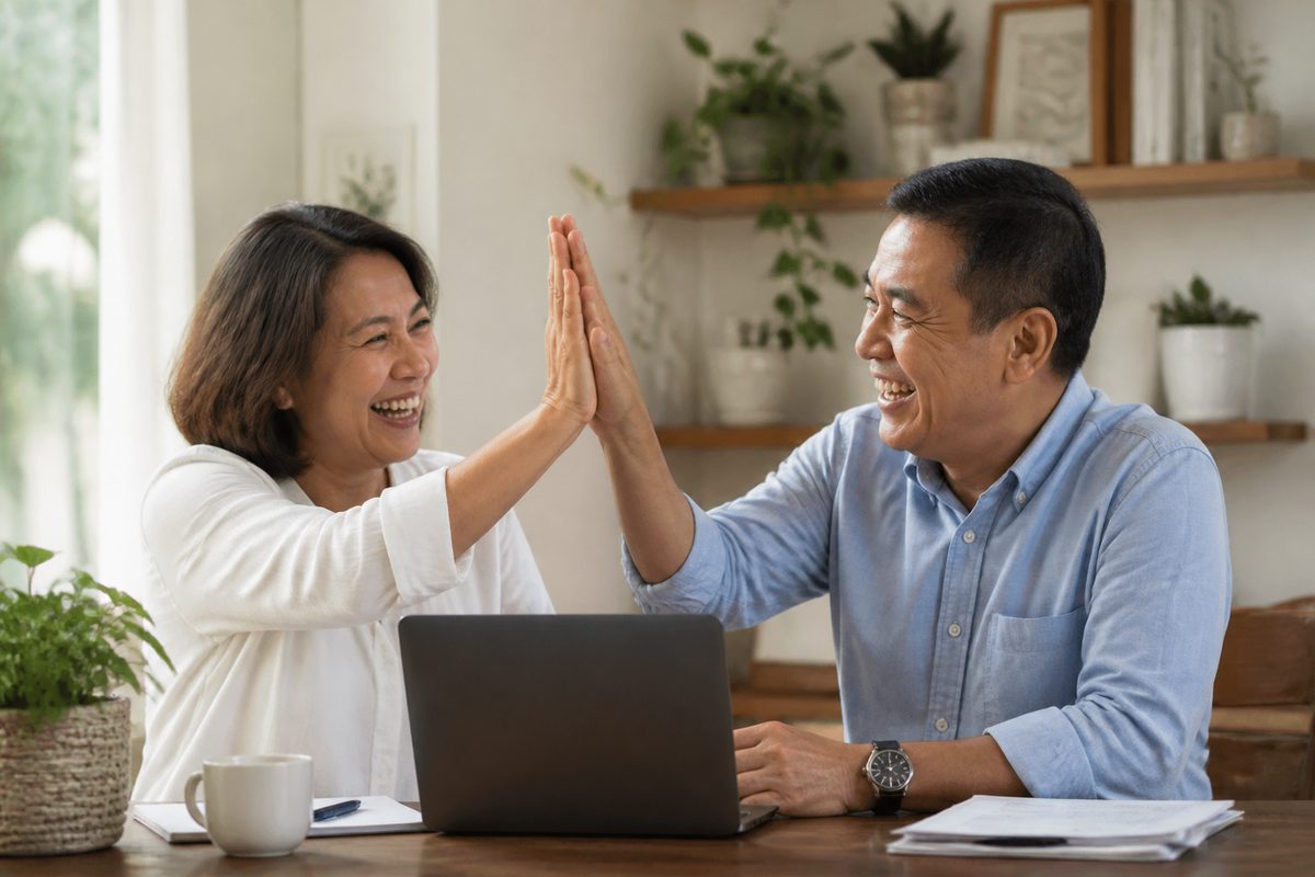 Two Filipino colleagues sharing a high five over a laptop